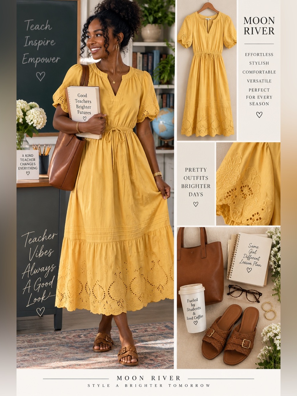 Moon River Mustard Yellow Eyelet Midi Dress with Puff Sleeves